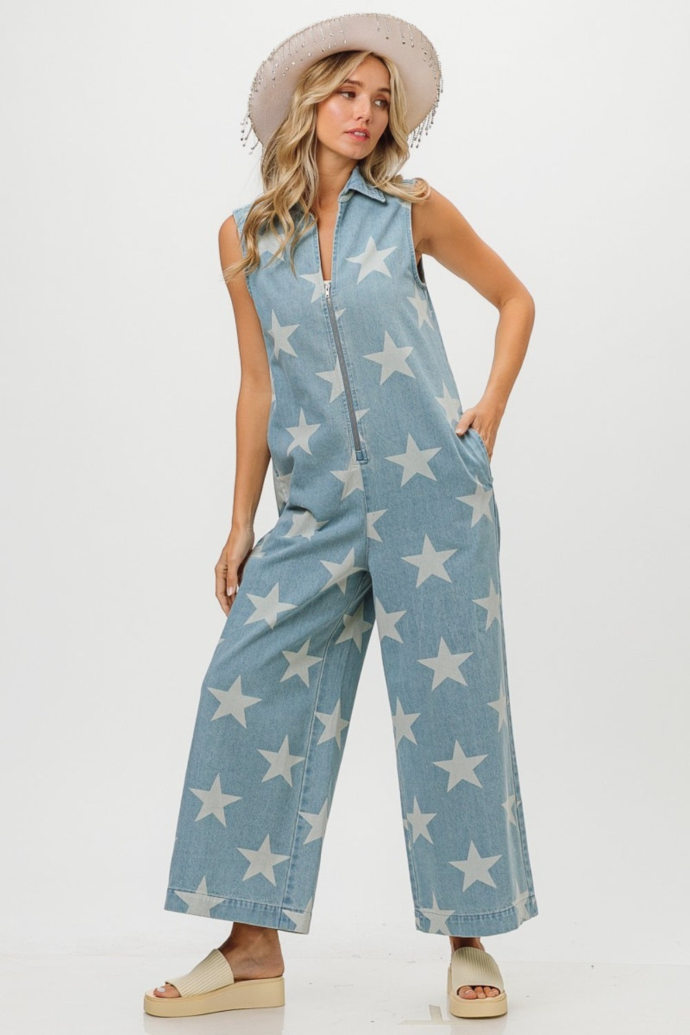 Star Print Sleeveless Denim Jumpsuit