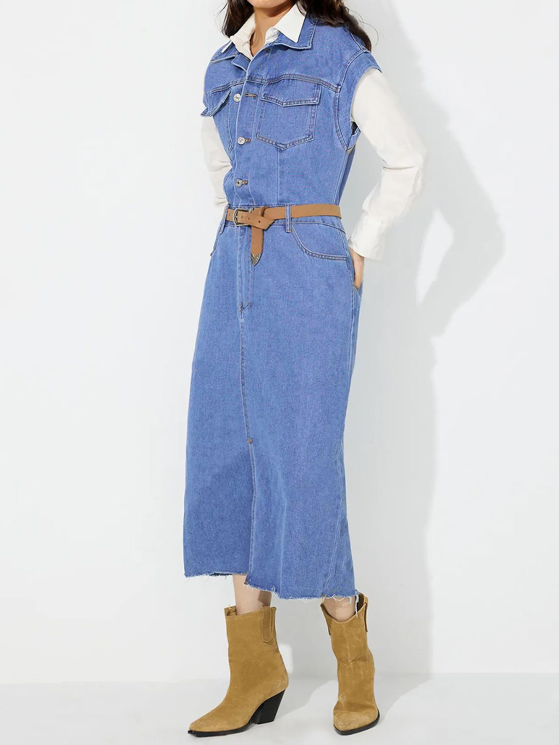 Collared Neck Cap Sleeve Denim Dress