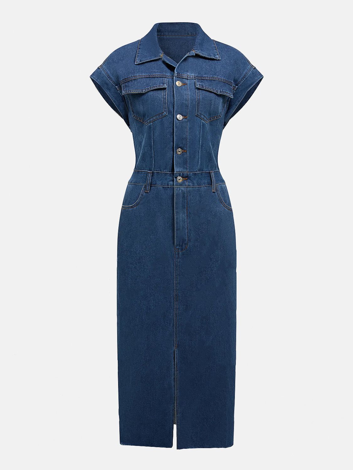 Collared Neck Cap Sleeve Denim Dress