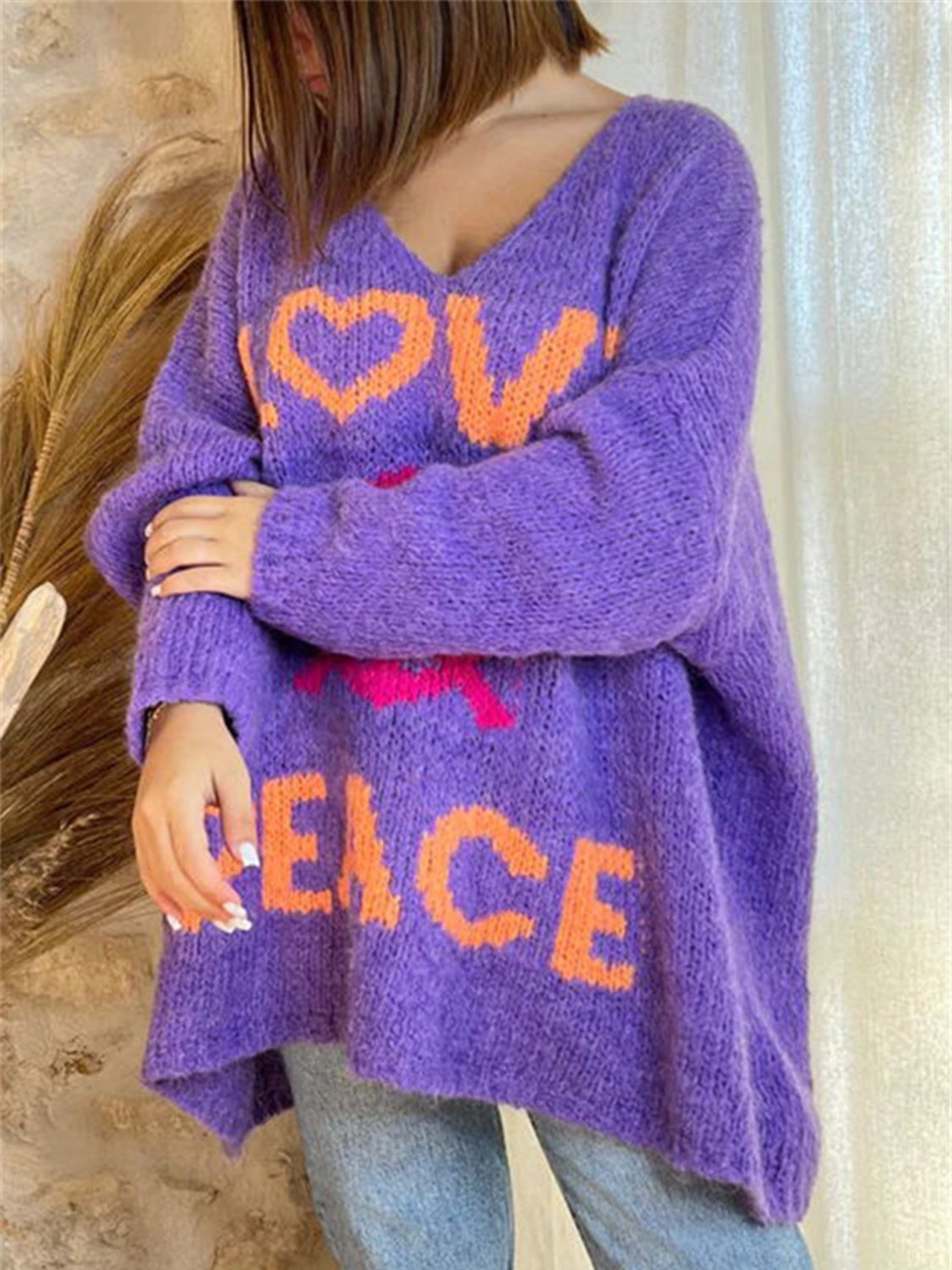 Peace Graphic V Neck Sweater