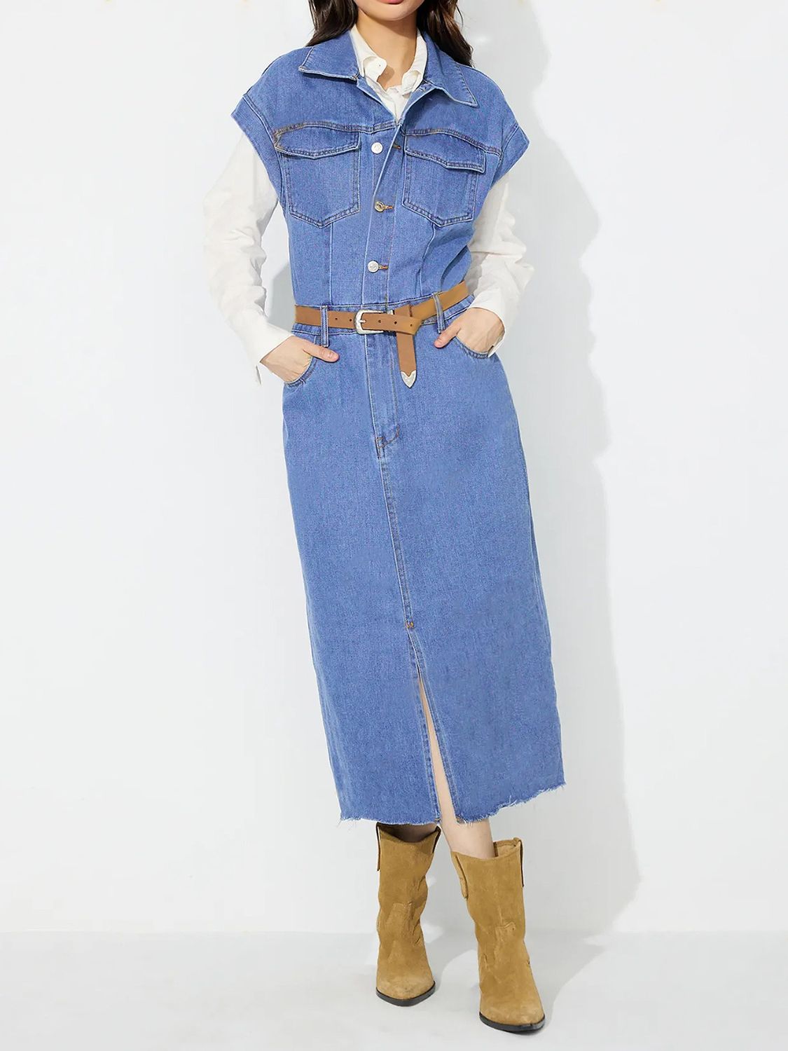 Collared Neck Cap Sleeve Denim Dress