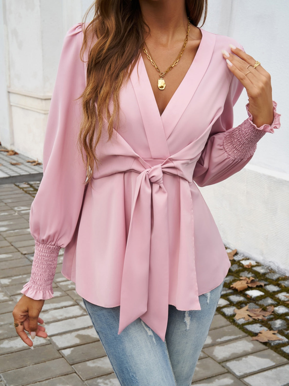 Smocked Surplice Long Sleeve Shirt