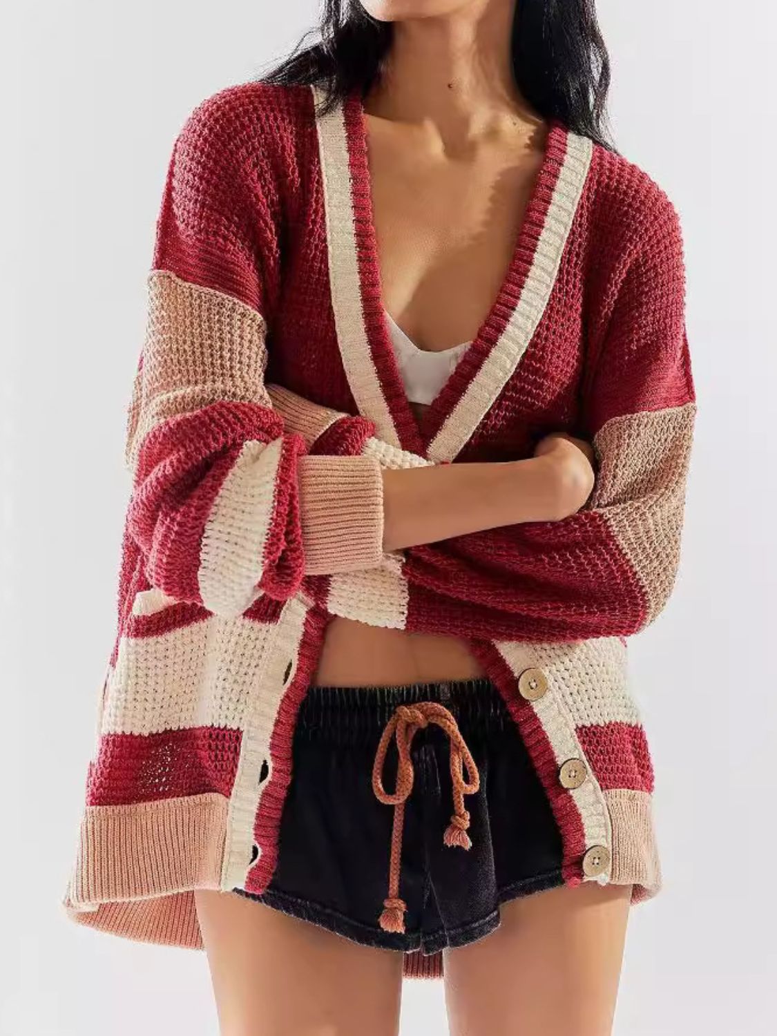 Contrast V Neck Long Sleeve Cardigan