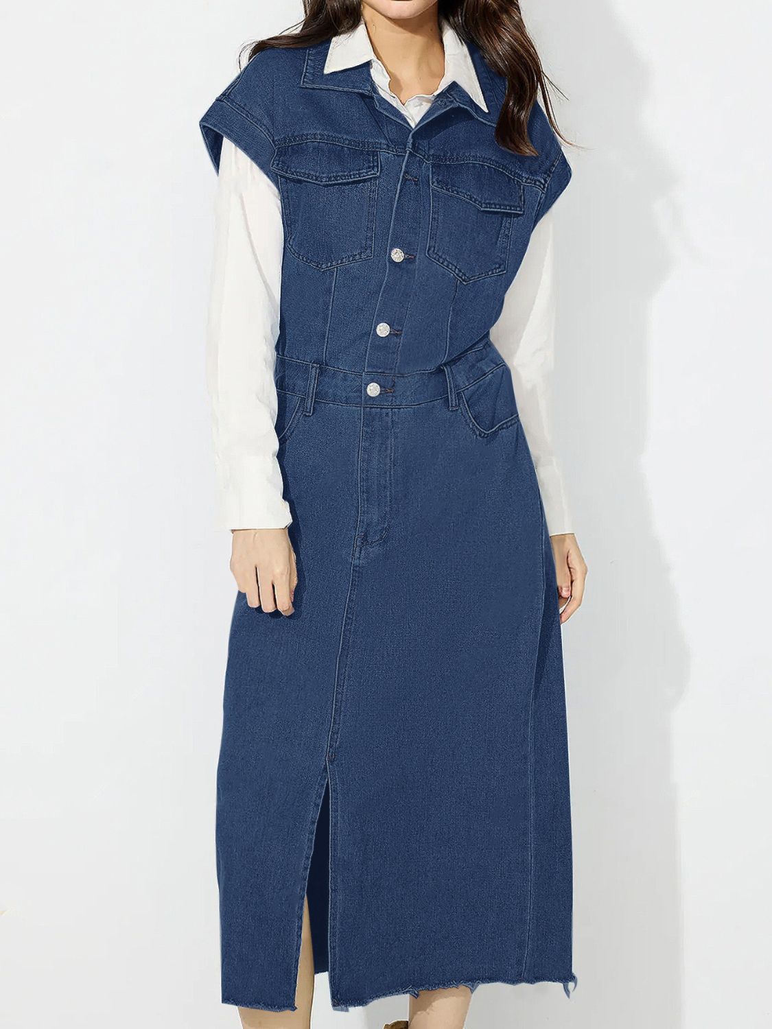 Collared Neck Cap Sleeve Denim Dress