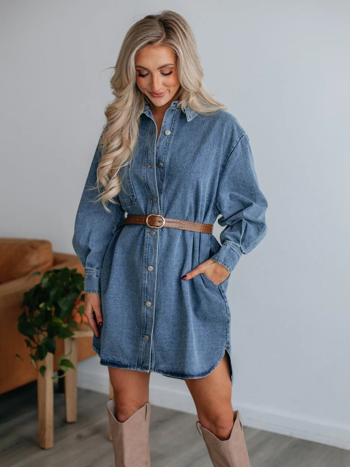 Button Up Long Sleeve Denim Dress