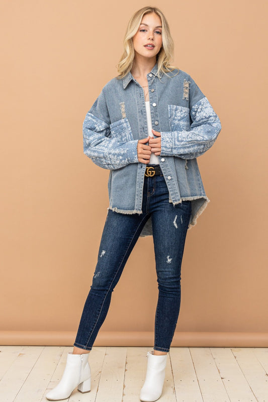 Print Quilted Sleeves Denim Jacket