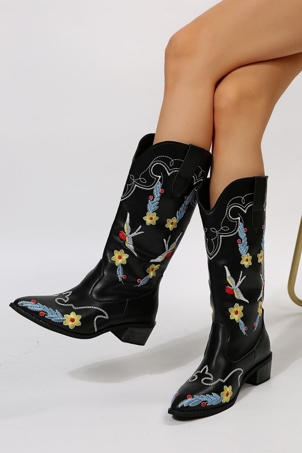 Embroidered Block Heel Boots