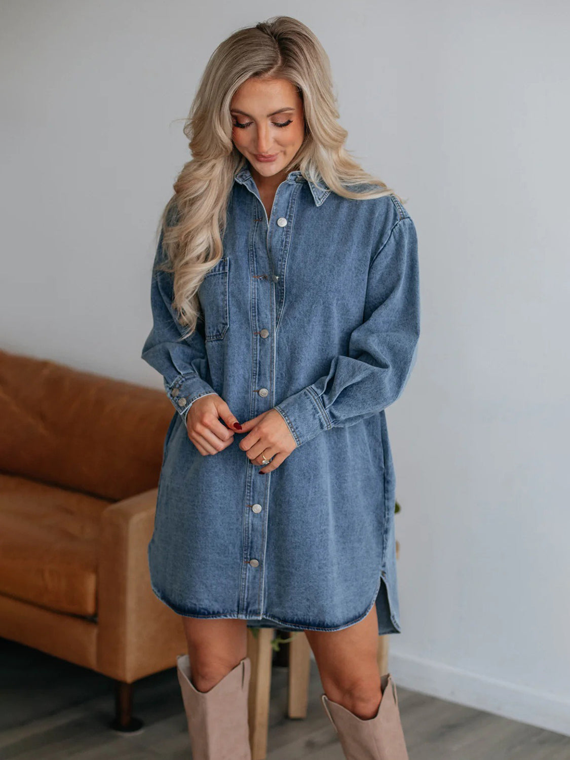 Button Up Long Sleeve Denim Dress