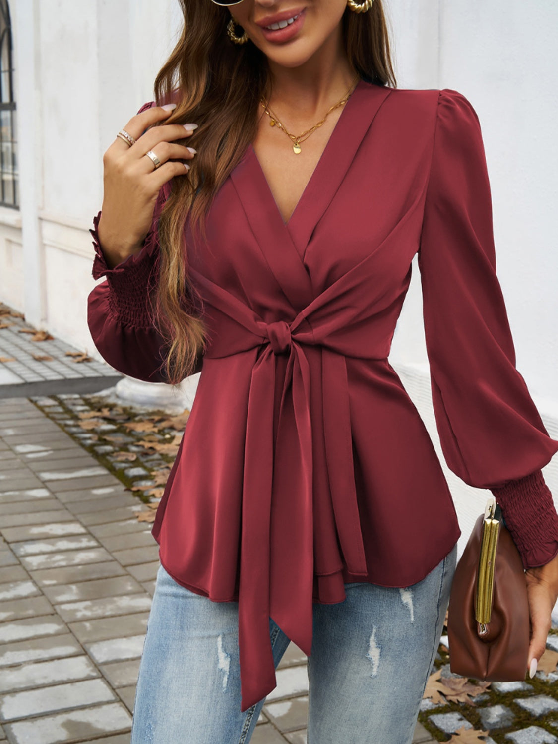 Smocked Surplice Long Sleeve Shirt