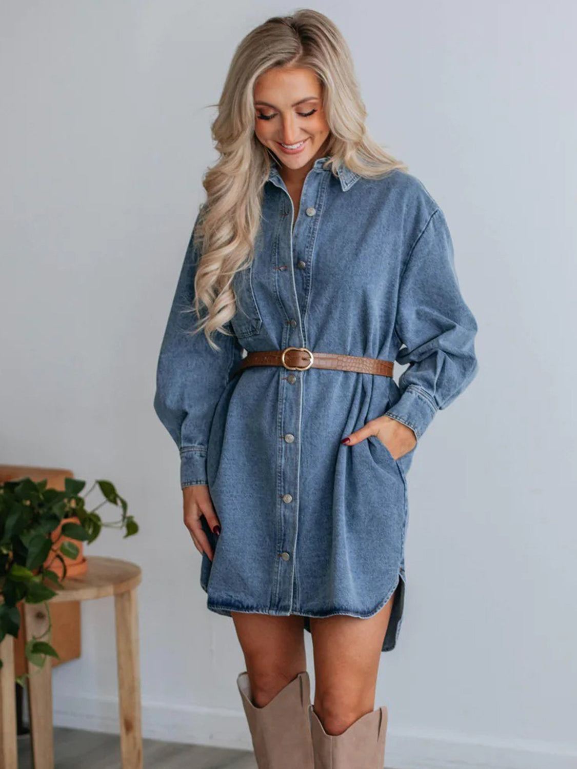 Button Up Long Sleeve Denim Dress