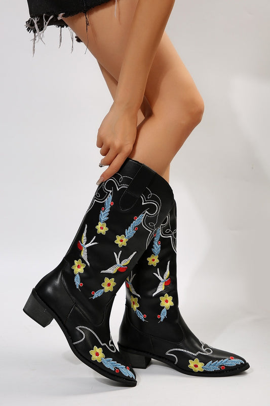 Embroidered Block Heel Boots