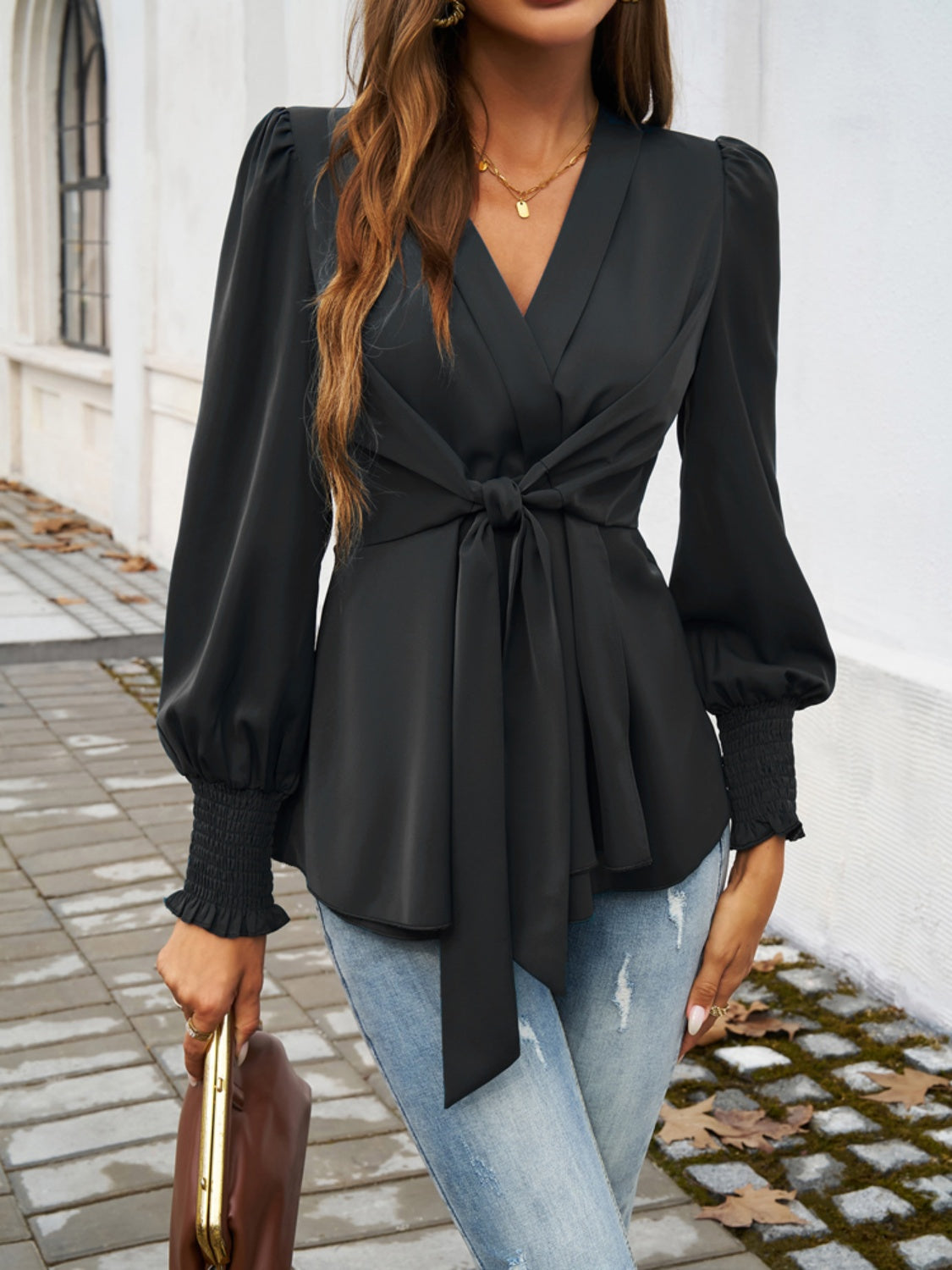 Smocked Surplice Long Sleeve Shirt