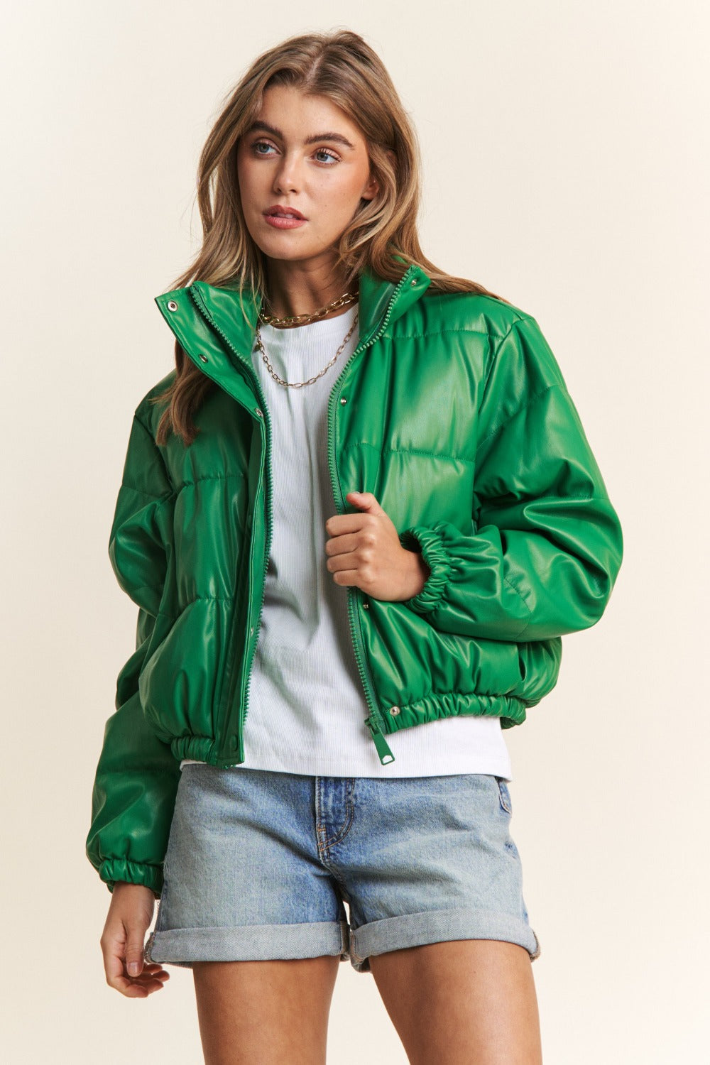 Snap and Zipper Closure Crop Puff Jacket