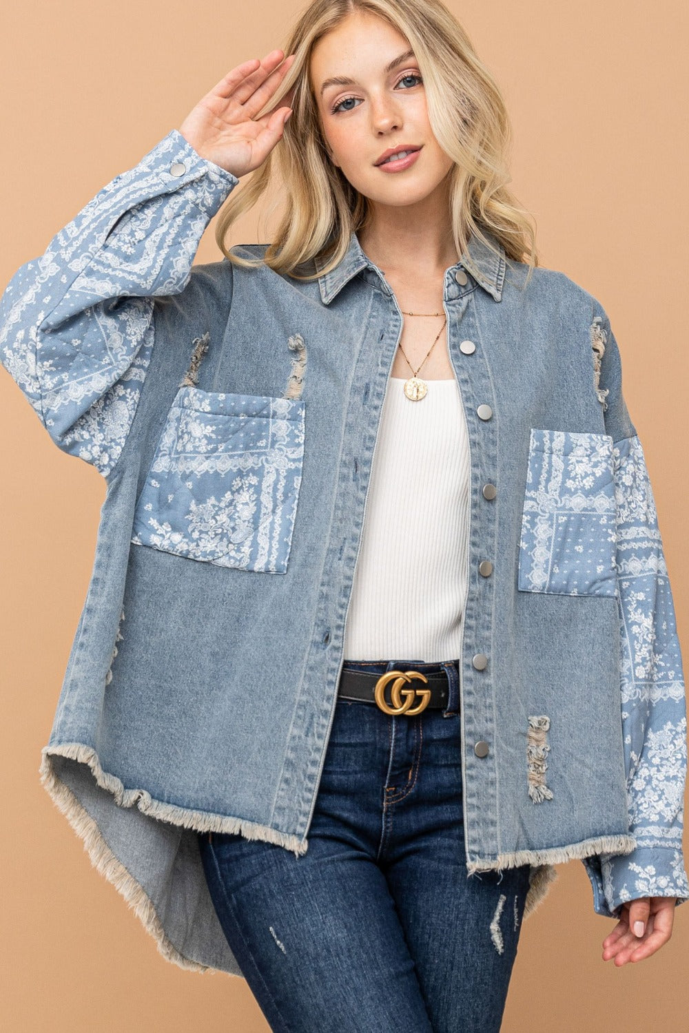 Print Quilted Sleeves Denim Jacket