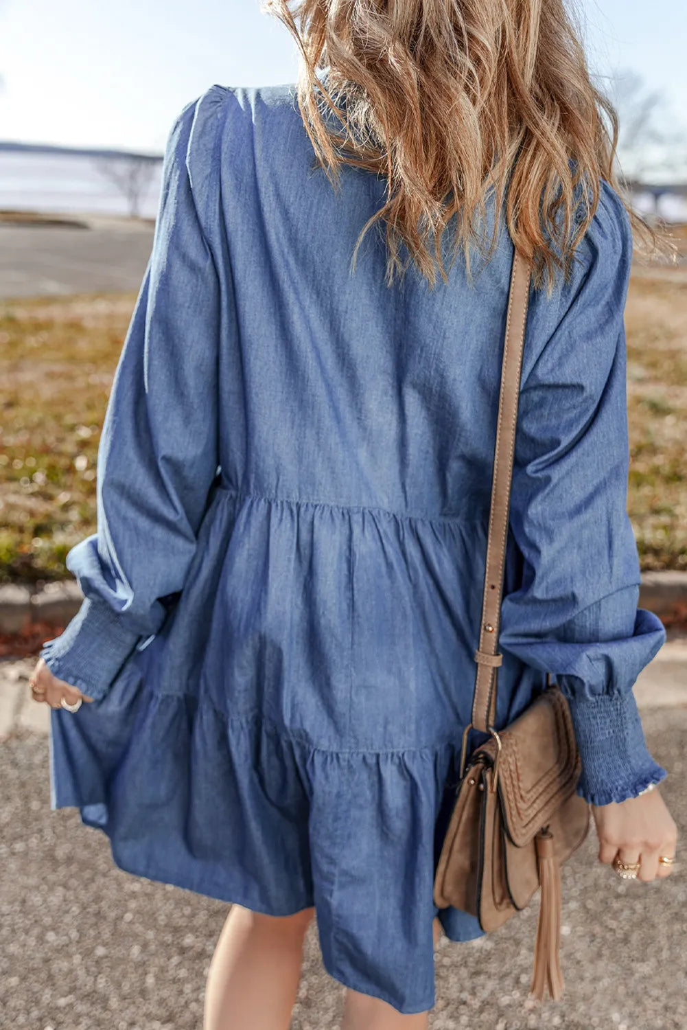 Tiered Collar Long Sleeve Denim Dress