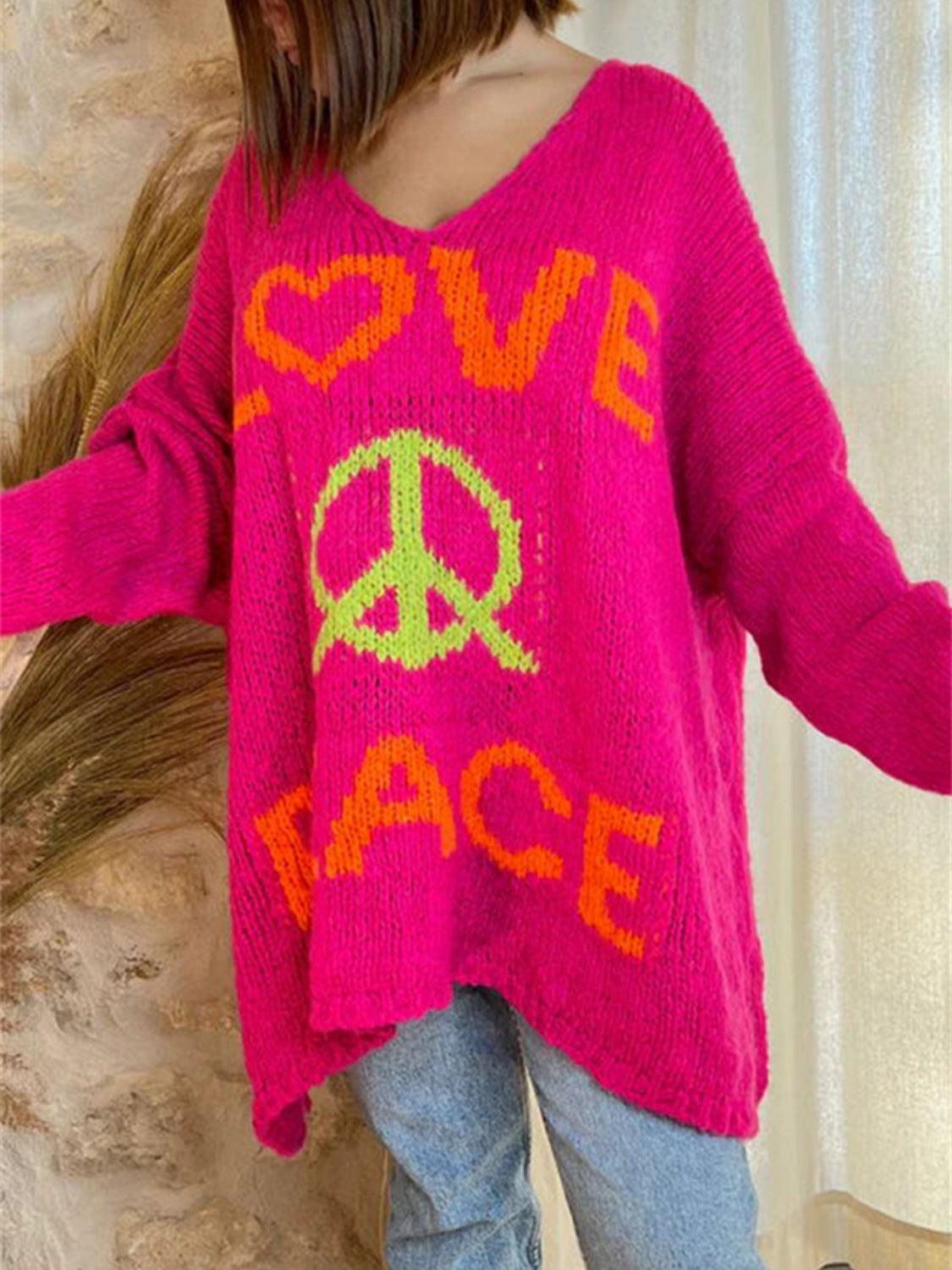 Peace Graphic V Neck Sweater