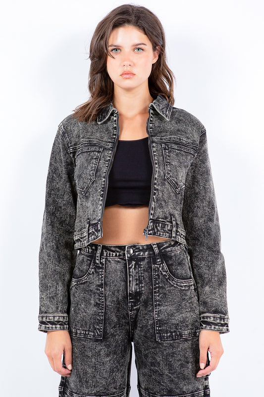 Distressed  Zip Up Cropped Jacket