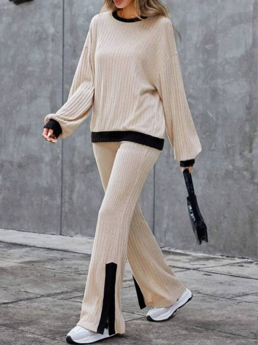 Contrast Long Sleeve Top and Pants Set