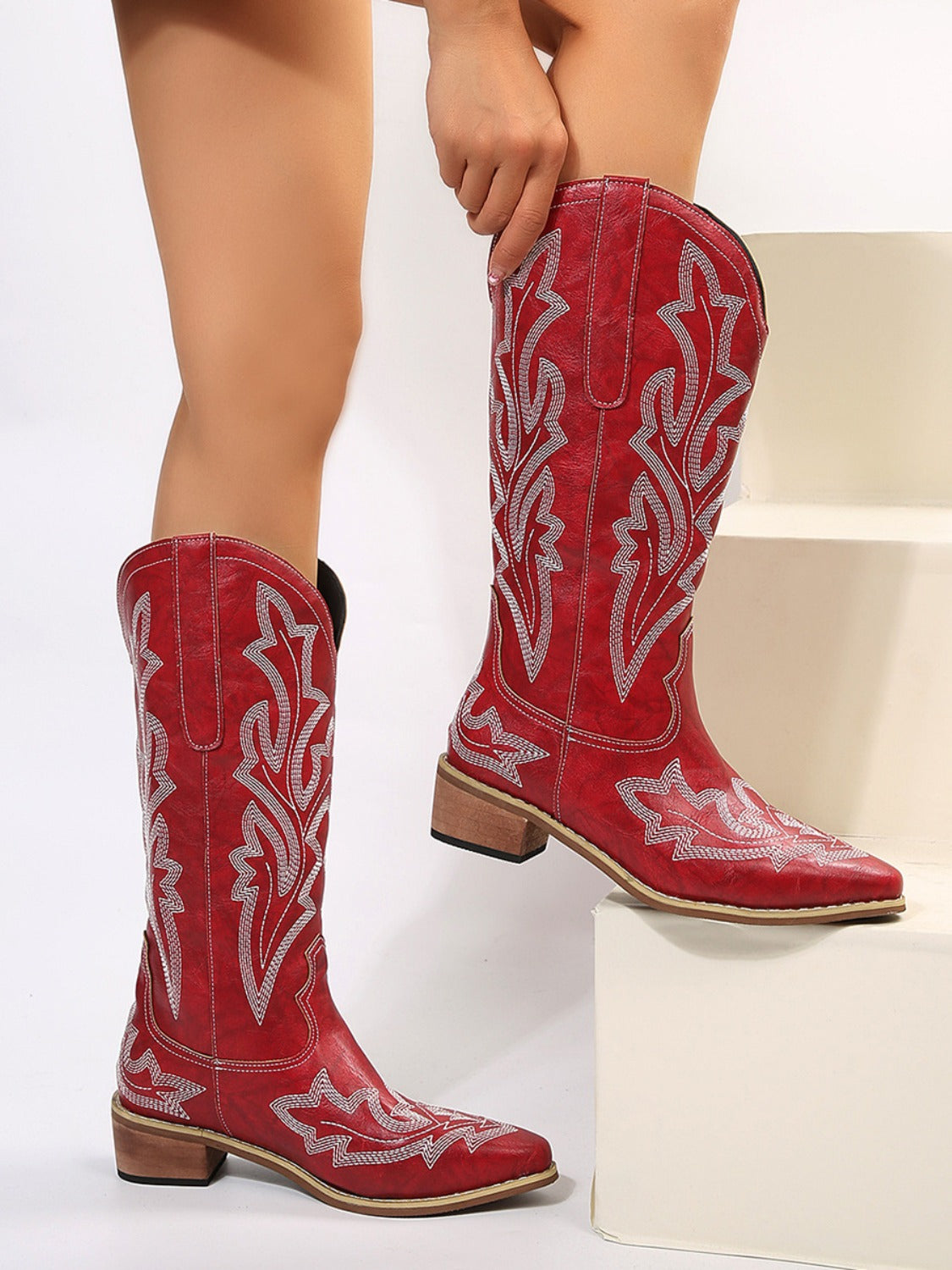 Leather Embroidered Point Toe Boots