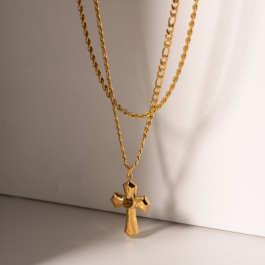 Double 18K Gold Plated Layered Cross Necklace