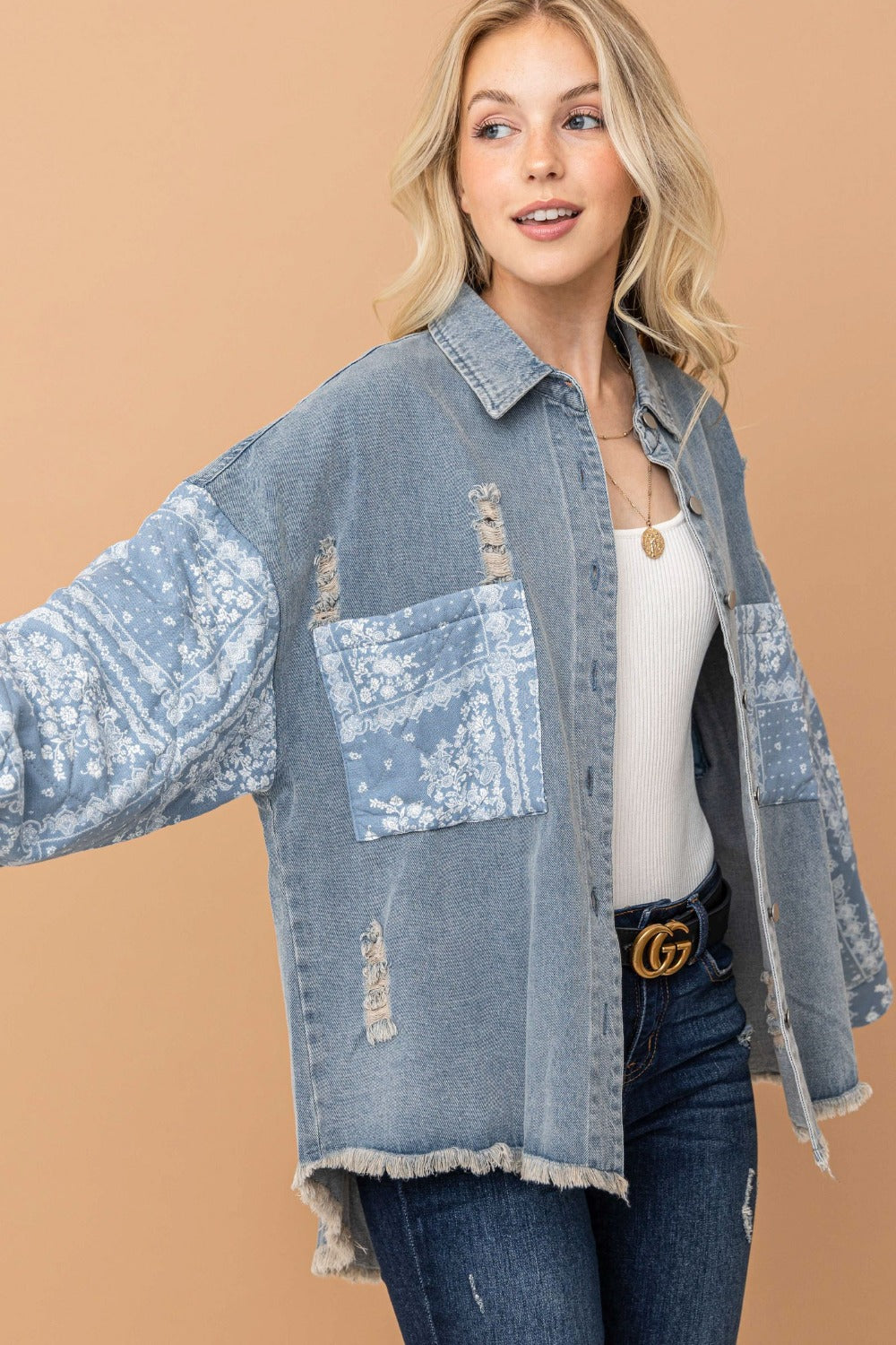 Print Quilted Sleeves Denim Jacket