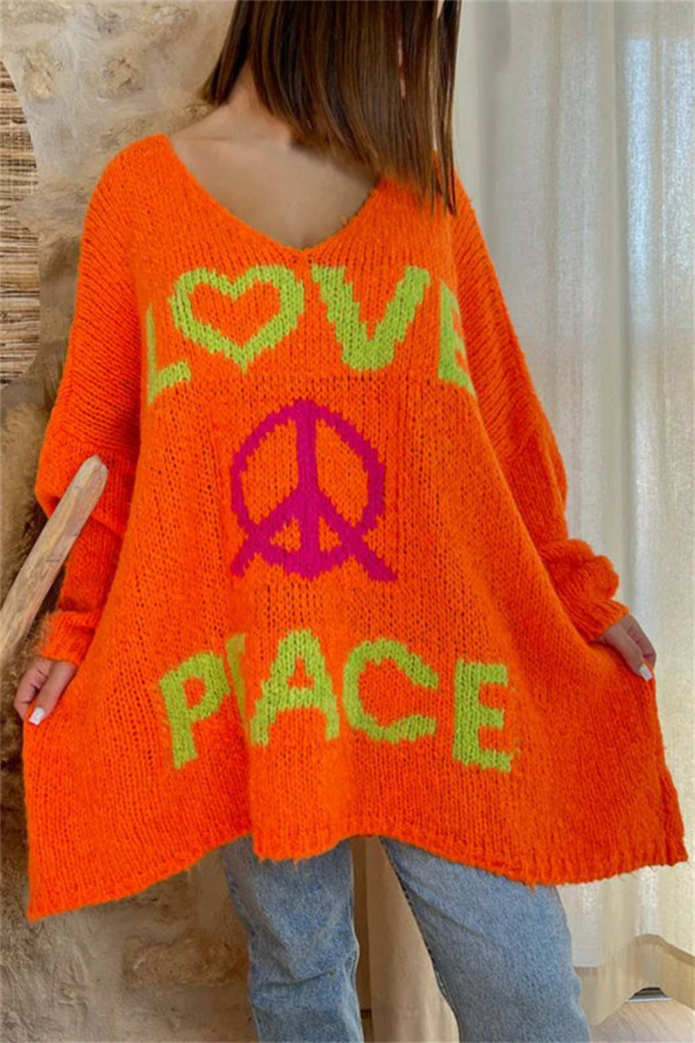 Peace Graphic V Neck Sweater