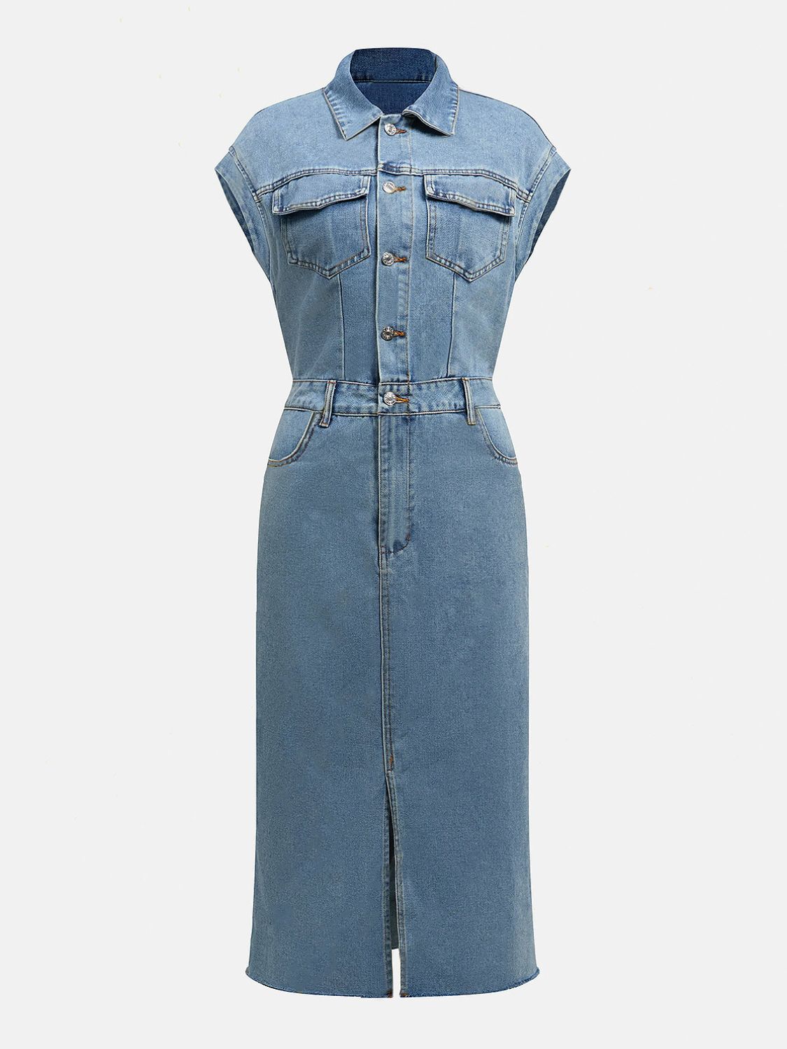 Collared Neck Cap Sleeve Denim Dress