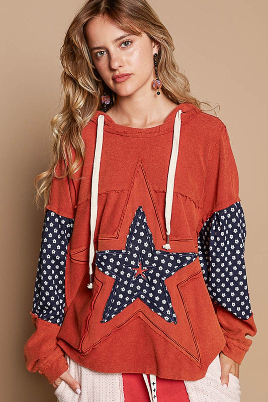 Star Patchwork Raw Edge Hoodie