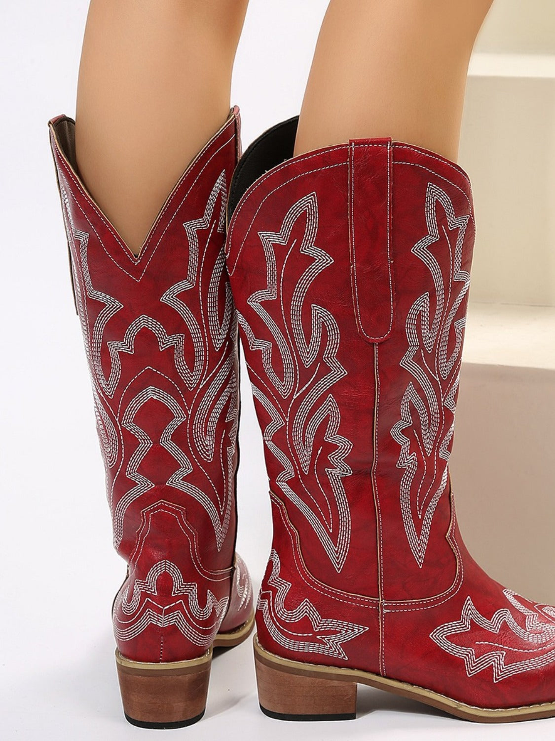 Leather Embroidered Point Toe Boots