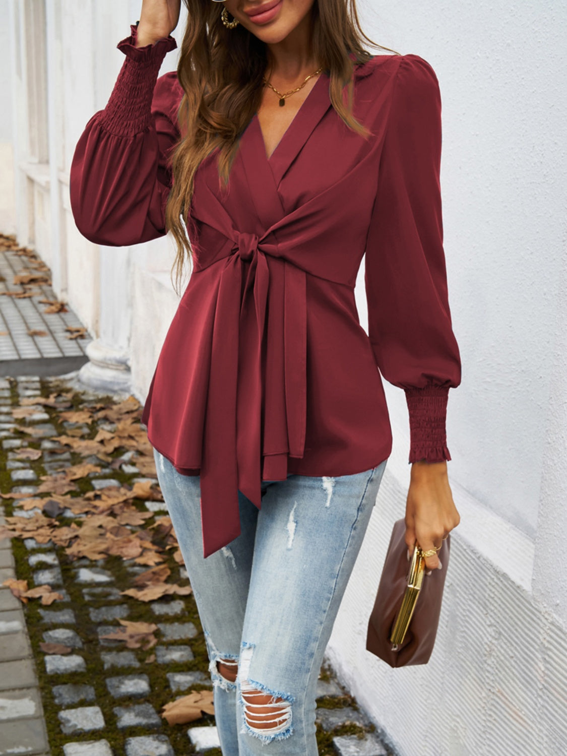 Smocked Surplice Long Sleeve Shirt