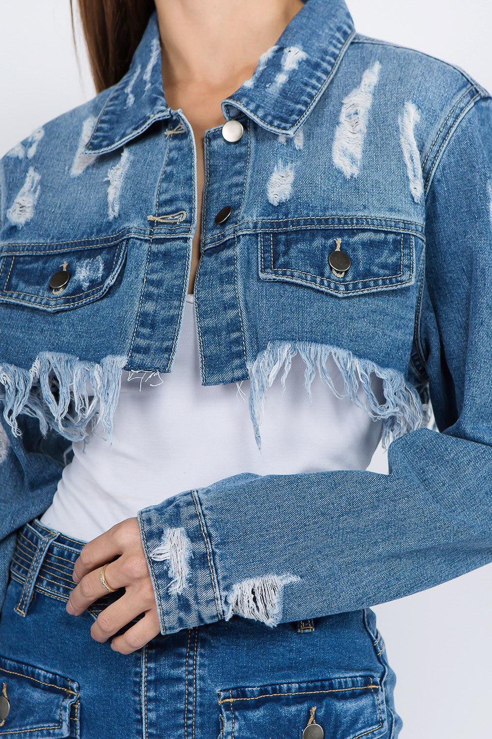 Distressed Frayed Hem Denim Jacket