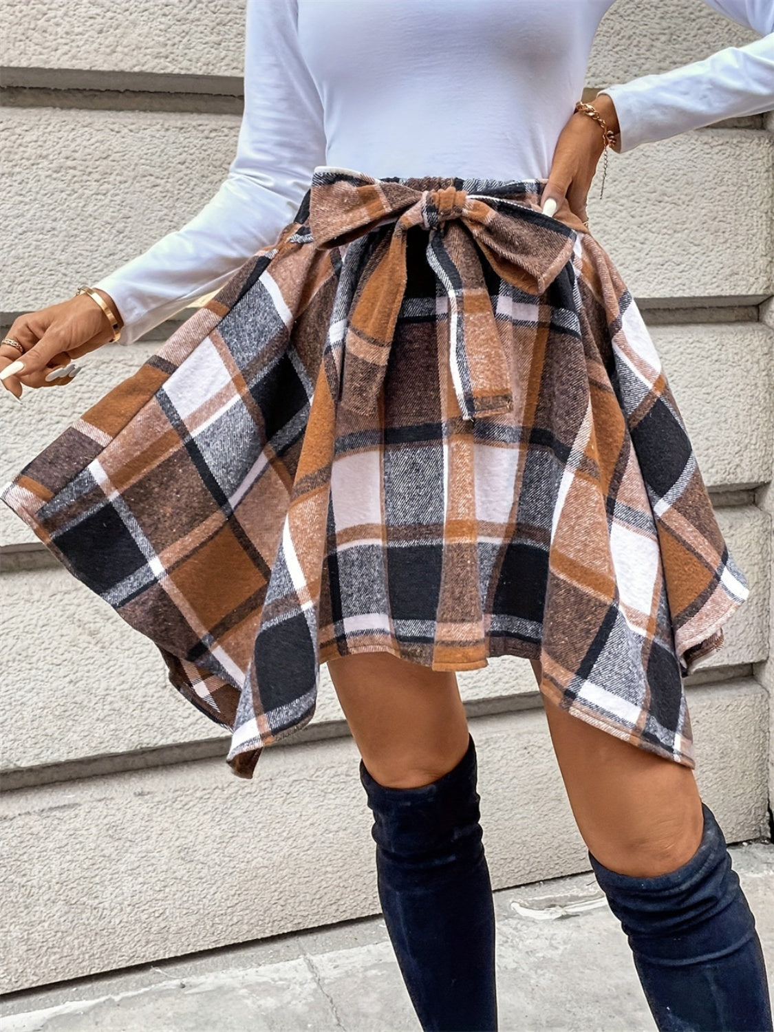 Plaid Asymmetrical Hem Skirt