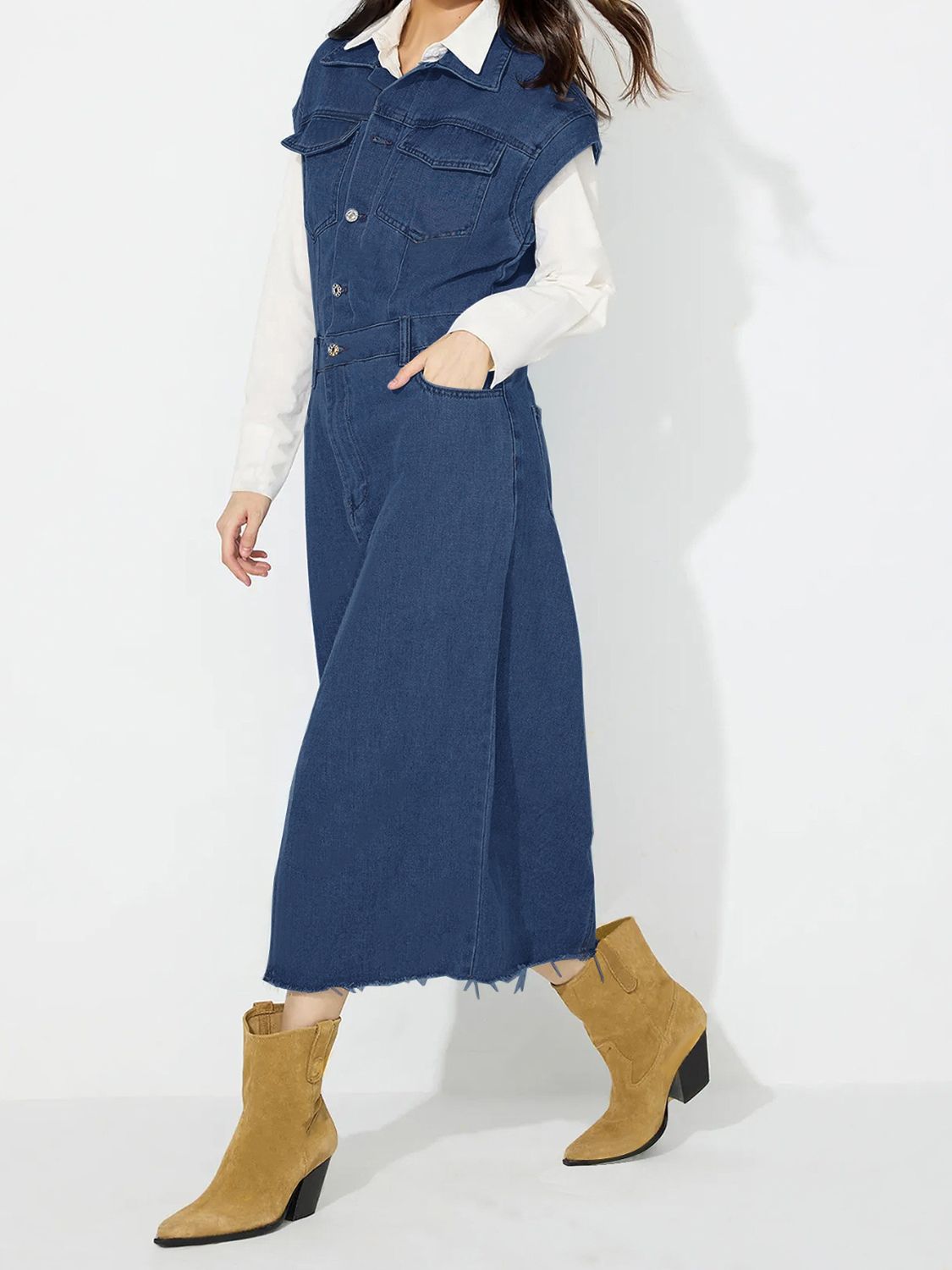 Collared Neck Cap Sleeve Denim Dress