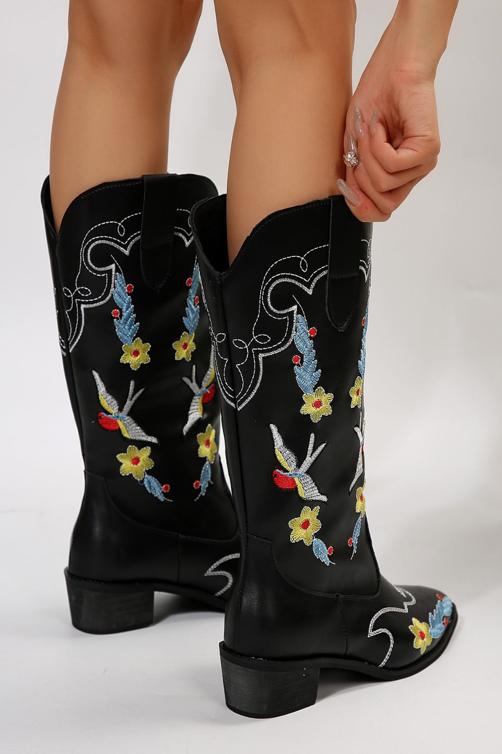 Embroidered Block Heel Boots