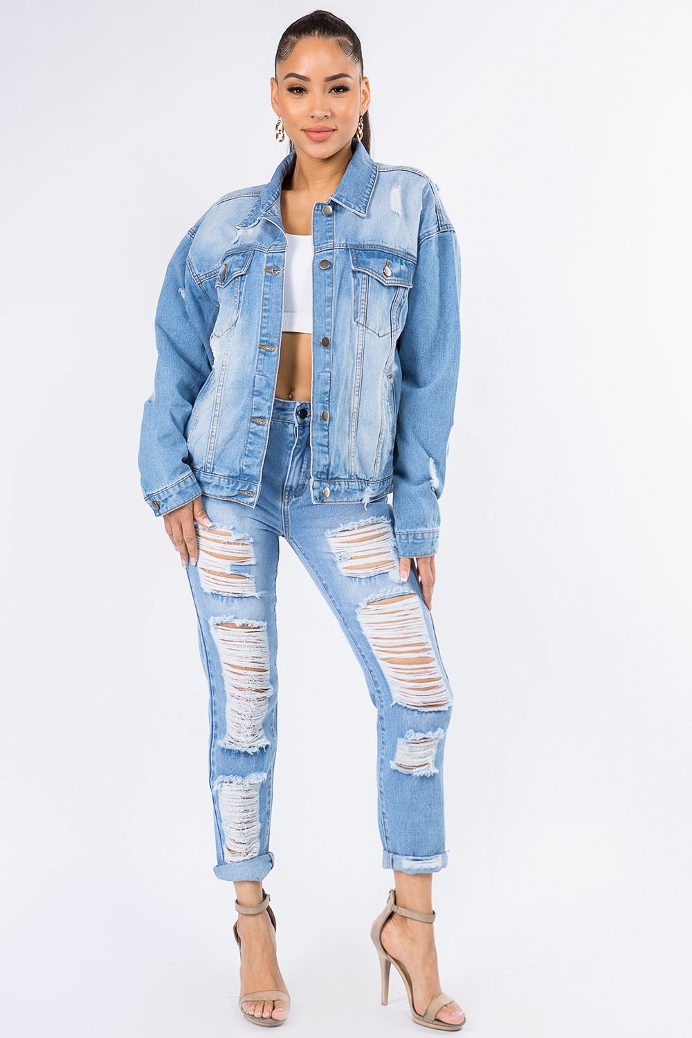 Distressed Long Sleeve Denim Jacket