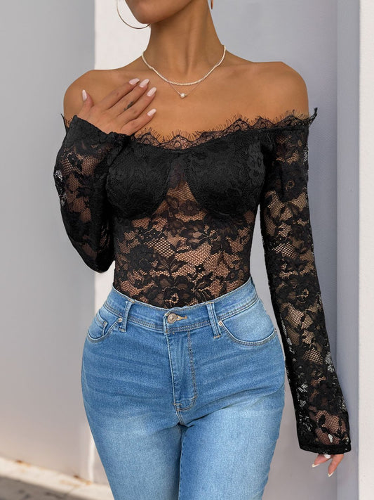 Lace Off Shoulder Long Sleeve Bodysuit