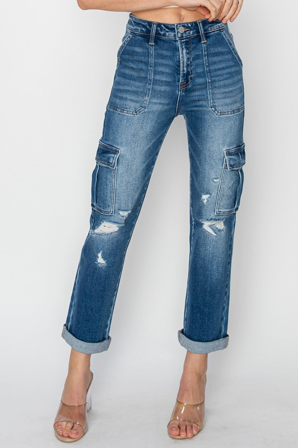 High Rise Cargo Ankle Roll Up Straight Jeans