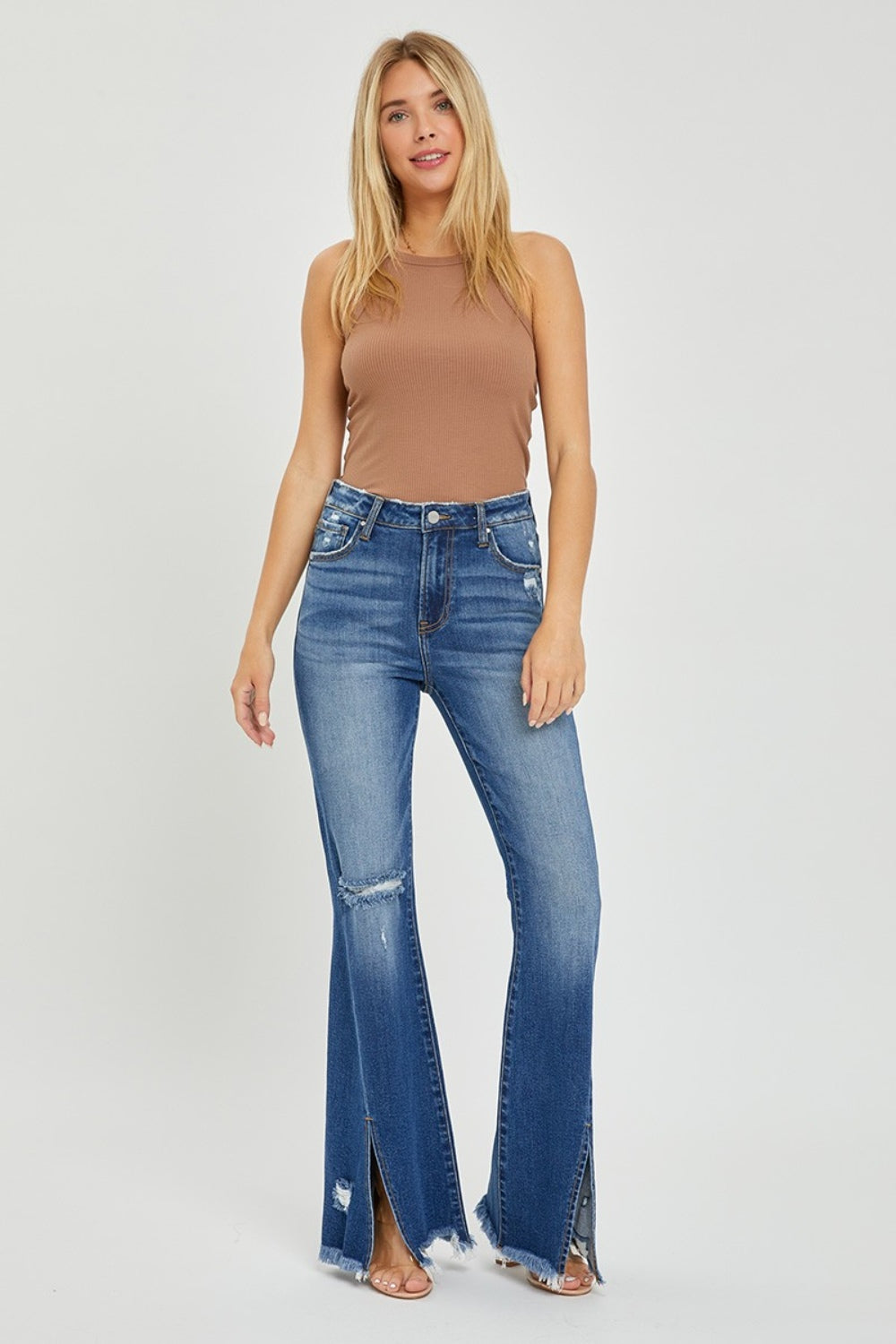 High Rise Front Slit Frayed Hem Flare Jeans