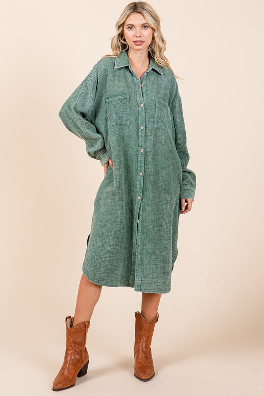 Mineral Wash Cotton Midi Shirt Dress