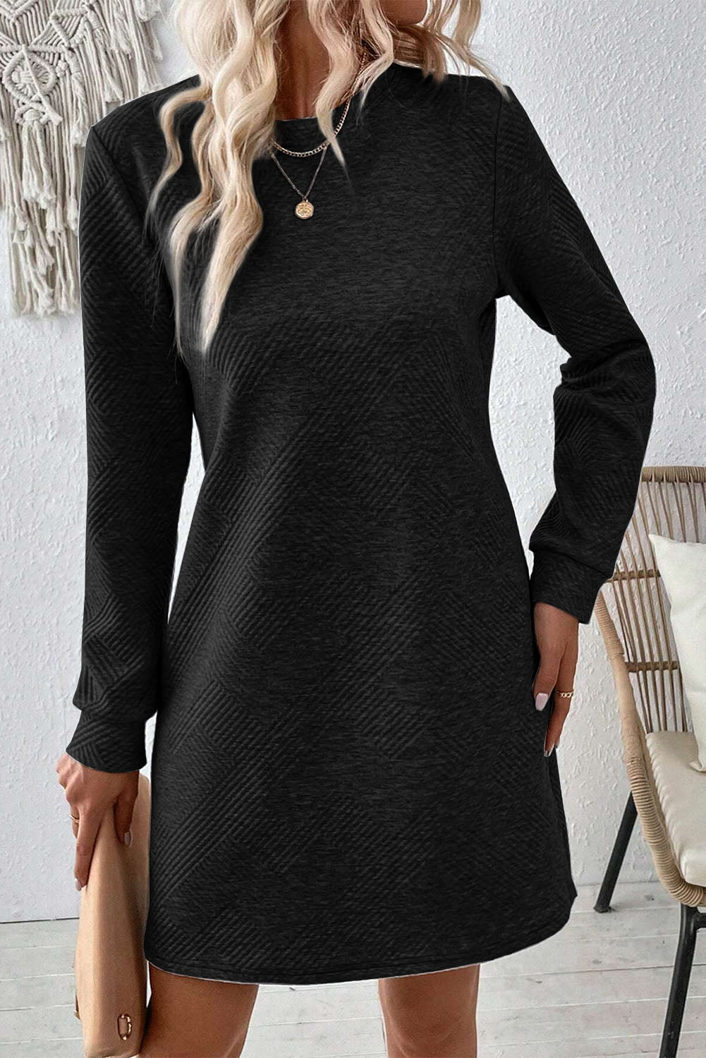 Texture Round Neck Long Sleeve Mini Dress