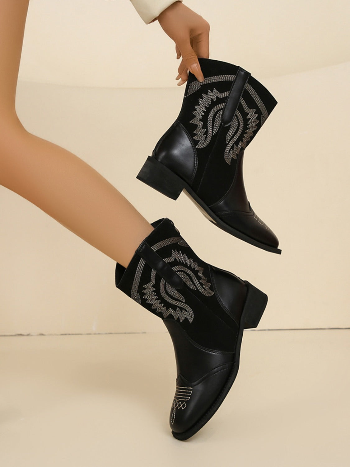 Embroidered Leather Block Heel Boots