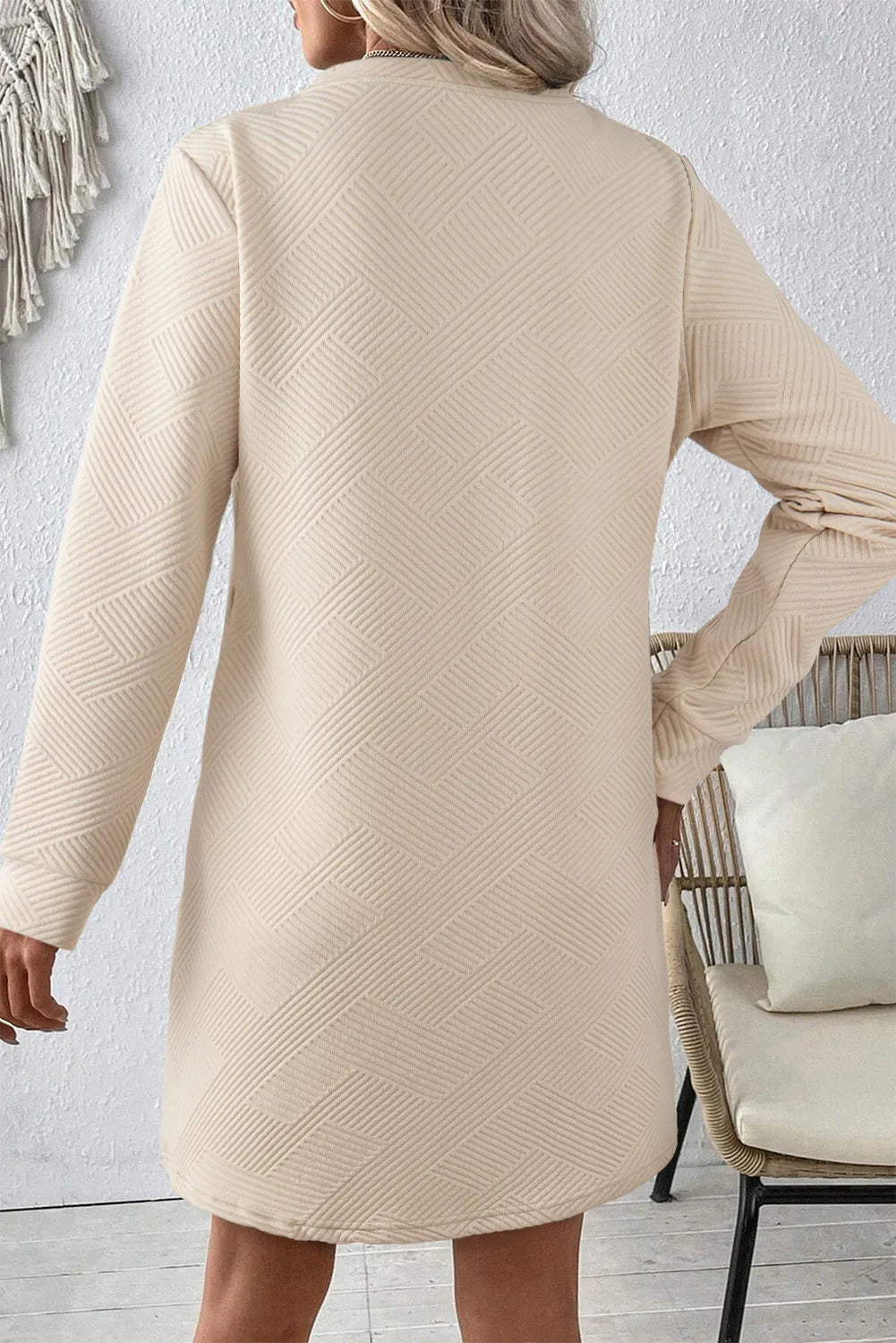 Texture Round Neck Long Sleeve Mini Dress