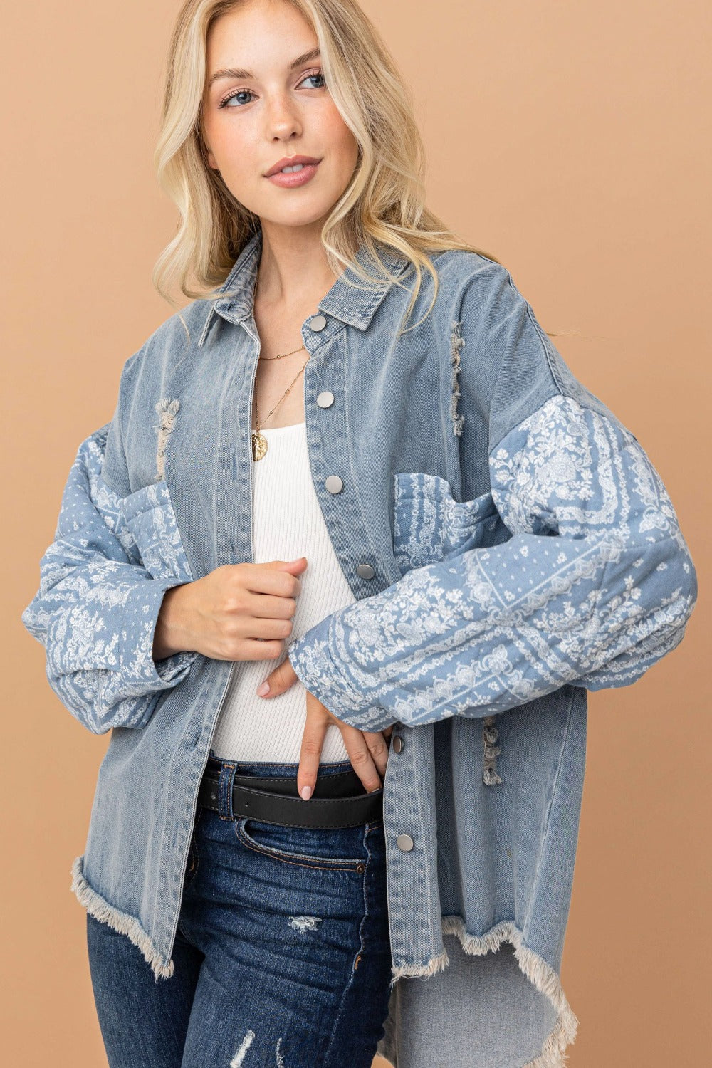 Print Quilted Sleeves Denim Jacket