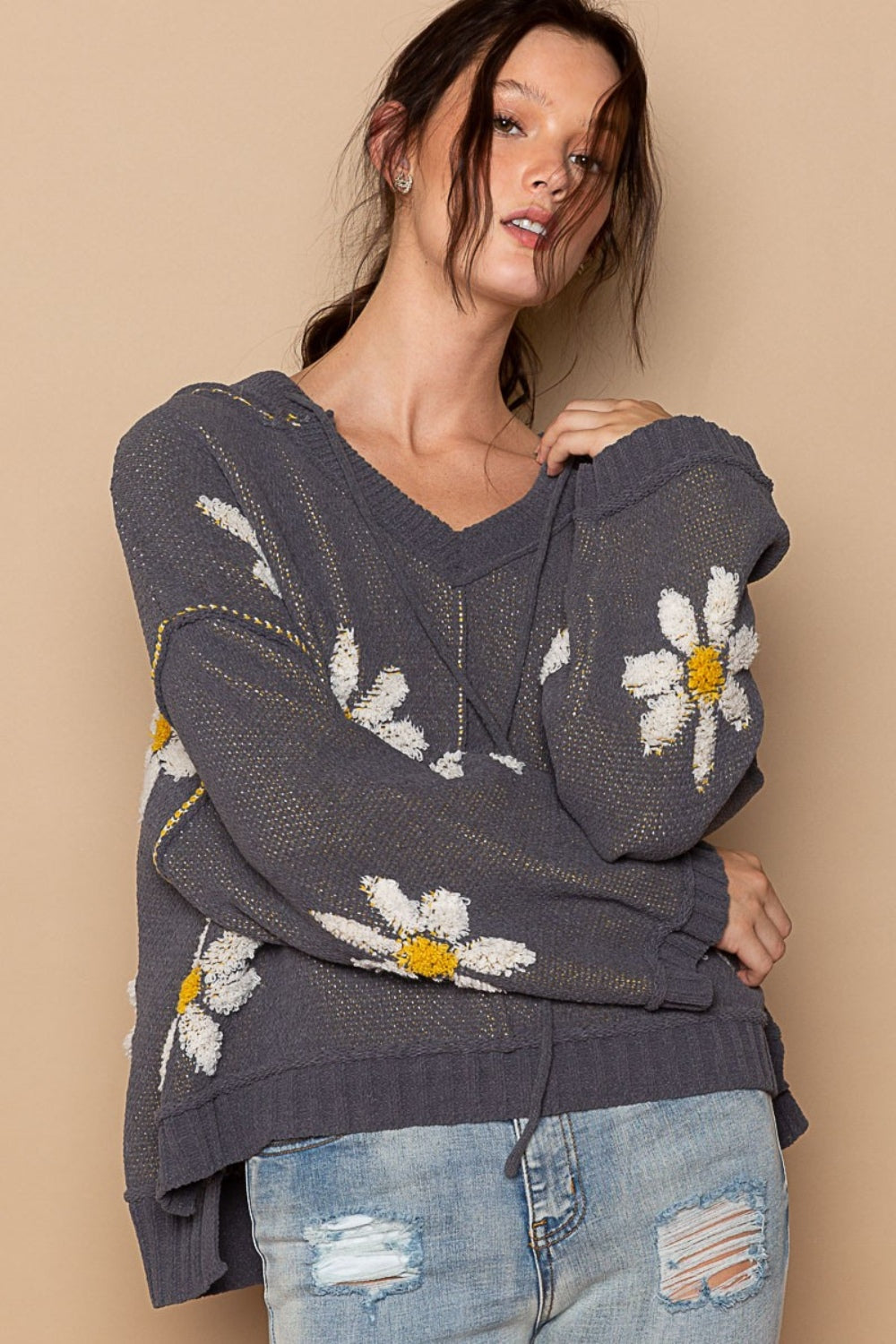 Floral Pattern Hooded Sweater