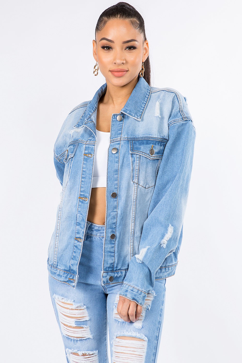 Distressed Long Sleeve Denim Jacket