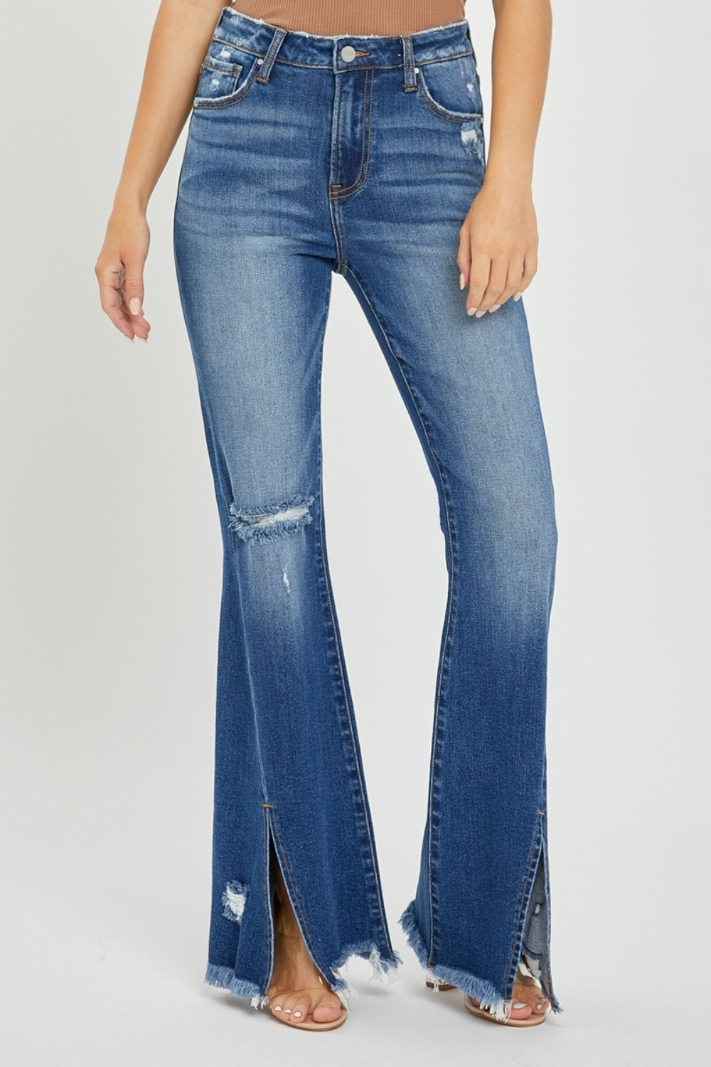 High Rise Front Slit Frayed Hem Flare Jeans