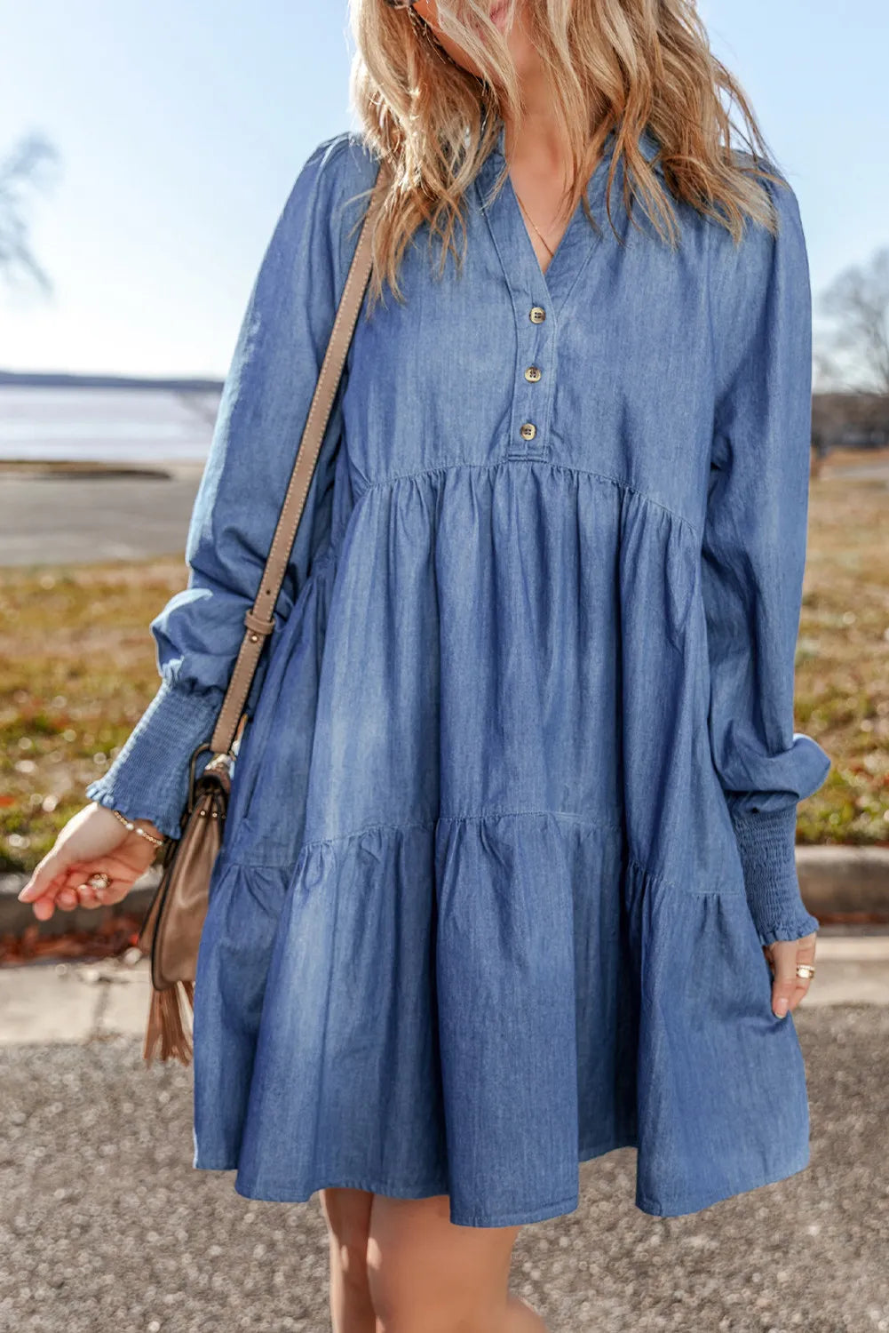 Tiered Collar Long Sleeve Denim Dress