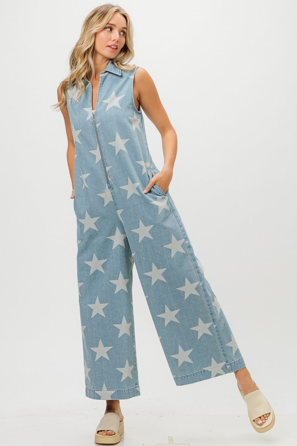 Star Print Sleeveless Denim Jumpsuit