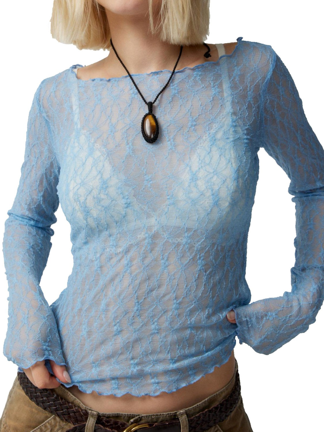 Lace Boat Neck Long Sleeve Shirt