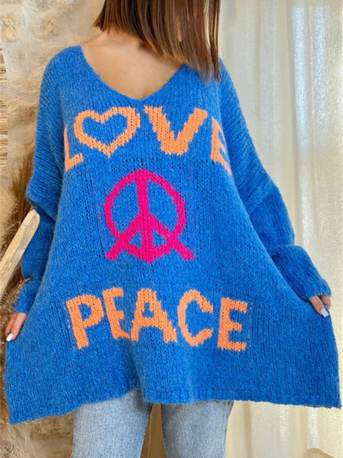 Peace Graphic V Neck Sweater